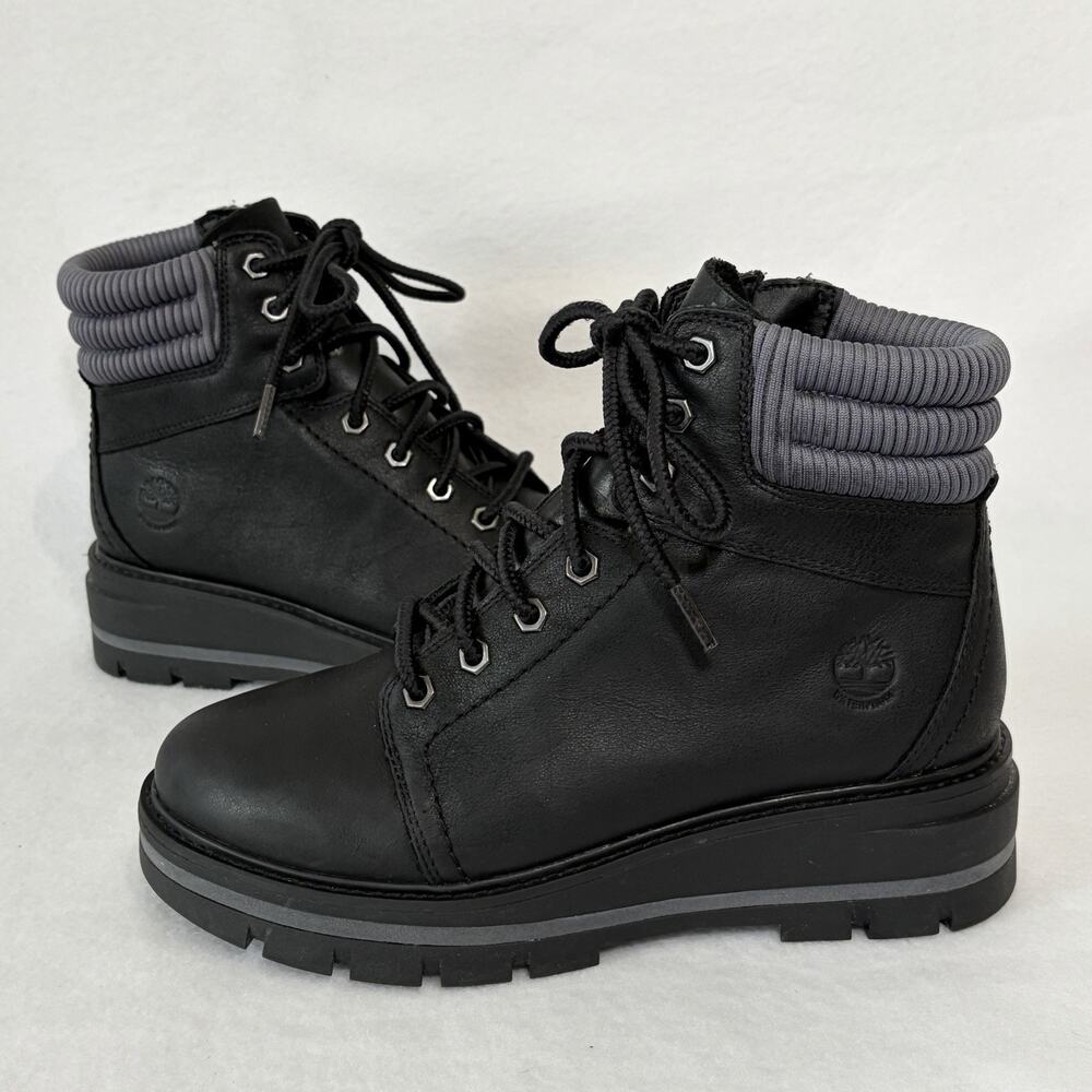 Timberland Black & Gray Leather Boots Size 7 Women High Top Lace Up Zipper